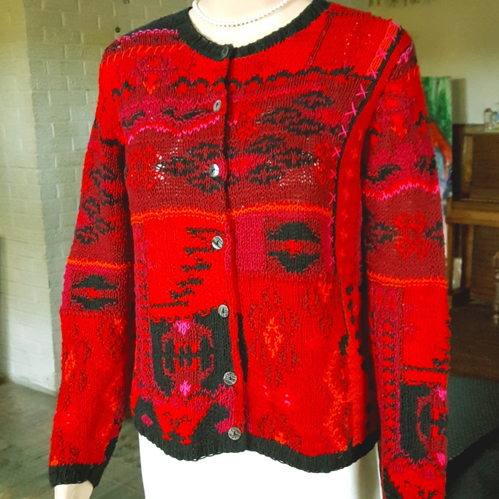 David Brooks. Hand Knitted, Sweater. Red, and black. PS/PP. 52% linen.